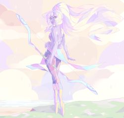 Rule 34 | 1girl, bare shoulders, bow, breasts, cliff, cloud, colored skin, four arms, gem, giant, giantess, highres, holding, holding weapon, looking back, ocean, opal (steven universe), purple skin, smile, solo, steven universe, vonnabeee, weapon, yellow footwear