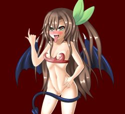 Rule 34 | :d, beckoning, blue wings, blush, bottomless, breasts, cleft of venus, demon girl, drooling, ecstasy (icyblue), fangs, green eyes, groin, hair ornament, hand on own hip, if (neptunia), leaf, leaf hair ornament, long hair, lowleg, lowleg skirt, microskirt, midriff, miniskirt, monster girl, navel, neptune (series), nipple slip, nipples, open mouth, red eyes, saliva, simple background, skirt, slit pupils, small breasts, smile, sweat, tail, tongue, tongue out, uncensored, wings