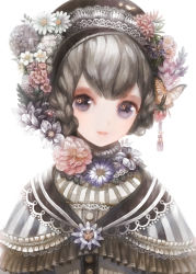 Rule 34 | 1girl, blue eyes, bug, butterfly, capelet, daisy, flower, food, frills, fruit, grey hair, hair flower, hair ornament, hat, hydrangea, insect, lace, lips, looking at viewer, mikebosi, original, simple background, smile, solo, strawberry, tassel, turtleneck, upper body, water drop, white background