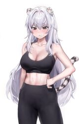 Rule 34 | 1girl, animal ears, arm at side, artist request, black pants, black sports bra, blush, breasts, closed mouth, commission, cowboy shot, grey eyes, hair between eyes, hand on own hip, highres, korean commentary, large breasts, long hair, looking down, midriff, original, pants, second-party source, seol baekeunhwa (teusai), simple background, solo, sports bra, sweat, tail, tiger ears, tiger girl, tiger tail, very long hair, white background, white hair, yoga pants