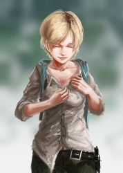 Rule 34 | 1girl, aqua scarf, belt, black belt, blonde hair, blurry, blurry background, breasts, closed eyes, closed mouth, collarbone, collared shirt, commentary, english commentary, eyebrows, hands up, highres, lips, nose, open belt, realistic, resident evil, resident evil 2, resident evil 6, scarf, sherry birkin, shirt, short hair, smile, solo, standing, un.i (protorc), undressing, untucked shirt, very short hair, wing collar