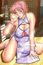 Rule 34 | 1girl, 3d, :d, alcohol, arm support, bare shoulders, barefoot, bed, blue eyes, bracelet, breasts, china dress, chinese clothes, cleavage, cleavage cutout, clothing cutout, covered erect nipples, curvy, dress, earrings, fingernails, floral print, game cg, glass, grin, highres, huge breasts, indoors, jewelry, leaning forward, legs, light rays, lips, lipstick, long fingernails, makeup, mature female, nail polish, naughty face, no bra, no panties, on floor, open mouth, pink hair, pink nails, sake, short hair, side slit, sideboob, sister mermaid, smile, solo, spread legs, sunbeam, sunlight, table, tsukasa jun, turtleneck, utsumi sara, wooden floor