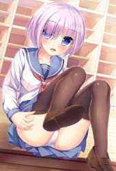 Rule 34 | 1girl, :d, adjusting clothes, adjusting legwear, alternate costume, ass, blue sailor collar, blue skirt, blush, brown footwear, brown thighhighs, collarbone, commentary request, fate/grand order, fate (series), fingernails, hair over one eye, highres, indoors, loafers, looking at viewer, mash kyrielight, neckerchief, open mouth, panties, pink hair, pleated skirt, purple eyes, red neckerchief, sailor collar, shoe soles, shoes, sitting, skirt, smile, solo, thighhighs, umitonakai, underwear, white panties, wooden floor