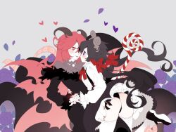 Rule 34 | 2girls, bat wings, black dress, black footwear, black hair, black horns, black nails, blush, bow, candy, candy cane, curly hair, demon girl, demon horns, dress, egg-byo, flower, food, funamusea, genderswap, genderswap (mtf), haiiro teien, hair bow, heart, heart-shaped pupils, holding hands, horns, jewelry, juliet sleeves, leg up, lil (funamusea), long hair, long sleeves, looking at another, multiple girls, necklace, pearl necklace, pink hair, puffy sleeves, purple eyes, red bow, red eyes, red nails, ribbon, rose, satanick, sidelocks, skirt, smile, solo, suspender skirt, suspenders, symbol-shaped pupils, thighhighs, tongue, tongue out, twintails, very long hair, white thighhighs, wings, yuri
