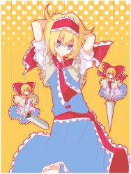 Rule 34 | 1girl, alice margatroid, arms behind head, bad id, bad pixiv id, blonde hair, blue eyes, bow, female focus, hair between eyes, hair bow, hairband, highres, holding, holding weapon, lance, looking at viewer, messy hair, outline, polearm, puppet, puppet strings, red bow, ringed eyes, shadow, shanghai doll, shiroshi (denpa eshidan), short hair, solo, sword, touhou, weapon, yellow background