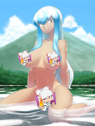 Rule 34 | 1girl, blue hair, breasts, brown eyes, censored, character censor, chibi, collarbone, female focus, fujiwara no mokou, highres, kamishirasawa keine, large breasts, long hair, multicolored hair, navel, censored nipples, novelty censor, nude, partially submerged, silver hair, smile, solo, spacezin, tan, tanline, touhou, two-tone hair, water
