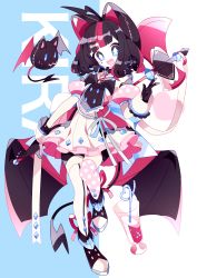 Rule 34 | 1girl, ahoge, animal ears, asymmetrical legwear, axe, black gloves, bow, cat ears, cat tail, crazy straw, cup, detached sleeves, dress, drinking straw, facial mark, familiar, full body, gloves, hair bow, heart straw, highres, holding, holding axe, low wings, medium hair, multicolored eyes, multicolored hair, open mouth, original, pink bow, pink dress, polka dot, polka dot legwear, puffy sleeves, saijo1201, sharp teeth, short sleeves, stitches, symbol-shaped pupils, tail, teeth, thighhighs, two-tone hair, uneven legwear, w, weapon, weapon on back, wings, wrist cuffs