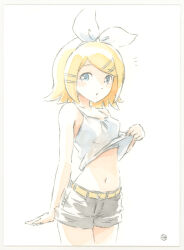 Rule 34 | 1girl, bare arms, bare shoulders, belt, blonde hair, blue eyes, blush, bow, breasts, clothes lift, collarbone, cowboy shot, epoxy putty, grey shorts, hair bow, hair ornament, hairclip, kagamine rin, lifted by self, looking at viewer, midriff, narrow waist, navel, painting (medium), shirt, shirt lift, short hair, shorts, sideways glance, small breasts, solo, swept bangs, tank top, traditional media, vocaloid, watercolor (medium), white bow, white shirt