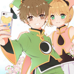 Rule 34 | 1boy, 1girl, blush, brown eyes, brown hair, cardcaptor sakura, cellphone, cherry blossoms, chinese clothes, closed mouth, commentary request, duximeng, flower, green eyes, green headwear, hand on another&#039;s shoulder, hat, holding, holding phone, kero (cardcaptor sakura), kinomoto sakura, li xiaolang, long sleeves, phone, pink flower, pink headwear, short hair, smartphone, smile, upper body, wide sleeves