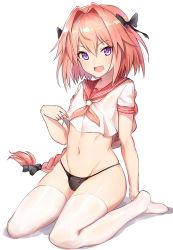 Rule 34 | 1boy, :d, arm support, astolfo (fate), astolfo (sailor paladin) (fate), black panties, braid, bulge, crop top, fang, fate/grand order, fate (series), groin, hair intakes, hair ribbon, long hair, luse maonang, male focus, navel, neckerchief, no pants, no shoes, official alternate costume, open mouth, panties, pink hair, purple eyes, ribbon, simple background, single braid, sitting, smile, socks, solo, thighhighs, trap, underwear, wariza, white background, white thighhighs