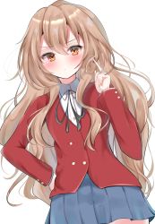 Rule 34 | 1girl, absurdres, aisaka taiga, blush, buttoned cuffs, buttons, closed mouth, collared shirt, commentary request, grey ribbon, grey skirt, hair between eyes, hand on own hip, highres, jacket, light brown hair, long hair, looking at viewer, neck ribbon, orange eyes, pleated skirt, red jacket, ribbon, school uniform, shino2121, shirt, skirt, solo, toradora!, twirling hair, uniform, white background, white shirt
