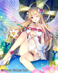 Rule 34 | 1girl, ;d, altar, angel, bow, brazier, breasts, carnation, cleavage, clothing cutout, cross, flower, hair bow, heart, high heels, holding, holding wand, knee up, large breasts, long hair, looking at viewer, maboroshi juuhime, navel, navel cutout, official art, one eye closed, open mouth, purple eyes, robosuke, sitting, smile, solo, thigh strap, underboob, wand, watermark, white bow, white footwear, white wings, wings