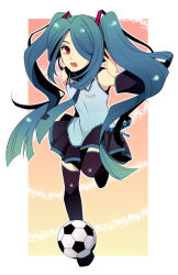 Rule 34 | 1boy, ball, cosplay, crossdressing, hatsune miku (cosplay), inazuma eleven, inazuma eleven (series), kazemaru ichirouta, long hair, male focus, open mouth, running, short twintails, soccer ball, solo, trap, twintails, vocaloid