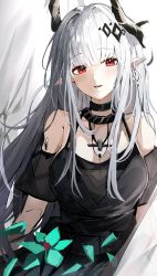 Rule 34 | 1girl, absurdres, arknights, black collar, black dress, blunt bangs, breasts, collar, demon horns, detached sleeves, dress, ear piercing, flower, green flower, grey hair, hair ornament, highres, horns, large breasts, long hair, material growth, mudrock (arknights), mudrock (obsidian) (arknights), official alternate costume, open mouth, oripathy lesion (arknights), parted lips, piercing, pointy ears, red eyes, short sleeves, sidelocks, sikinose val, simple background, solo, upper body, very long hair, white background