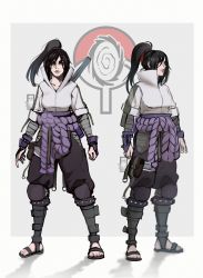 Rule 34 | 1girl, absurdres, apex legends, bandaged arm, bandages, barefoot sandals (jewelry), black hair, black pants, commentary, cosplay, english commentary, eyebrows hidden by hair, grey background, grey jacket, highres, ifragmentix, jacket, looking ahead, looking at viewer, multiple views, naruto (series), naruto shippuuden, pants, parted bangs, ponytail, red eyes, smile, uchiha sasuke (cosplay), wraith (apex legends)