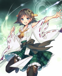 Rule 34 | &gt;:d, 10s, 1girl, :d, black pantyhose, blue eyes, brown hair, detached sleeves, frilled skirt, frills, hairband, hiei (kancolle), highres, japanese clothes, kantai collection, looking at viewer, nontraditional miko, open mouth, pantyhose, plaid, plaid skirt, ribbon-trimmed sleeves, ribbon trim, sasachin (k+w), short hair, skirt, smile, solo, thighhighs, v-shaped eyebrows, wide sleeves