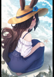 Rule 34 | 1girl, absurdres, animal ears, bare shoulders, beach, black hair, blue flower, blue skirt, commentary request, flower, hair over one eye, hand on own knee, hat, hat flower, highres, horse ears, horse girl, inui (inuiw ), long hair, long skirt, looking at viewer, looking back, ocean, off-shoulder shirt, off shoulder, one eye covered, open mouth, purple eyes, rice shower (umamusume), shirt, shirt tucked in, skirt, smile, solo, squatting, starfish, sun hat, teeth, umamusume, white shirt, yellow hat