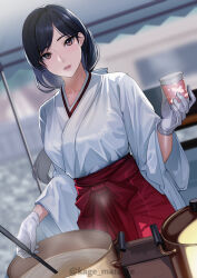 Rule 34 | 1girl, absurdres, amazake (drink), black hair, blurry, blurry background, breasts, brown eyes, cooking pot, cup, dutch angle, gloves, grin, hakama, highres, japanese clothes, kagematsuri, long hair, looking at viewer, medium breasts, miko, orange eyes, original, outdoors, ponytail, smile, solo, tent, watermark, white gloves