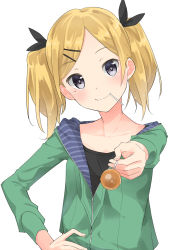 Rule 34 | 10s, 1girl, black eyes, blonde hair, blush, candy, hair ornament, hair ribbon, hairclip, head tilt, highres, hood, hoodie, lollipop, long hair, looking at viewer, max melon, md5 mismatch, mole, mole under eye, mouth hold, ribbon, shirobako, short twintails, smile, solo, twintails, yano erika