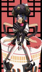 Rule 34 | 1girl, absurdres, black hair, bread, bread slice, bridal gauntlets, dress, fate/grand order, fate (series), food, food in mouth, full body, hair over one eye, hat, highres, large hat, looking at viewer, mouth hold, nissin cup noodle, short hair, sitting, solo, space xu fu (fate), toast, toast in mouth, tsukaasa, xu fu (fate), yellow eyes