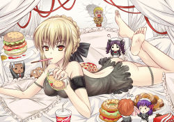 Rule 34 | &gt;:&lt;, 3boys, 3girls, :&lt;, :o, = =, @ @, absurdres, apron, archer (fate), arm garter, artoria pendragon (all), artoria pendragon (fate), ass, babydoll, backless outfit, bare back, bare shoulders, barefoot, bed, blonde hair, bottomless, bow, braid, breasts, bridal garter, brown hair, burger, butt crack, canopy bed, closed mouth, coca-cola, cookie, crack, cracked wall, cup, curtains, dark skin, doughnut, drinking straw, eating, emiya shirou, fate/stay night, fate (series), feet, food, french fries, frilled pillow, frills, gilgamesh (fate), hair bow, hands on own hips, highres, jacket, large breasts, long image, long legs, long sleeves, looking at viewer, lying, maid headdress, matou sakura, mini person, miniboy, minigirl, mouth hold, multiple boys, multiple girls, necktie, no panties, official alternate costume, on bed, on stomach, pastry, pillow, plate, pocky, purple hair, saber (fate), saber alter, sandwich, soles, standing, sweatdrop, tempuru, toes, tohsaka rin, two side up, v-shaped eyebrows, waist apron, white hair, wide image, yellow eyes