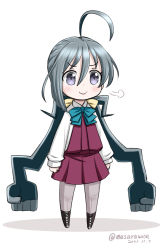 Rule 34 | 1girl, ahoge, boots, bow, bowtie, clenched hand, cross-laced footwear, dress shirt, full body, grey eyes, grey hair, grey pantyhose, hair between eyes, hair bun, halterneck, kantai collection, kiyoshimo (kancolle), lace-up boots, living hair, long hair, low twintails, masara (chuujou), one-hour drawing challenge, pantyhose, school uniform, shirt, simple background, single hair bun, smug, solo, twintails, very long hair, white background, white shirt