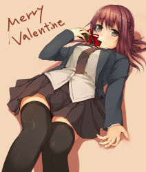 Rule 34 | 1girl, black thighhighs, box, brown eyes, brown hair, gift, gift box, happy valentine, jacket, long hair, long sleeves, looking at viewer, lying, necktie, on back, open clothes, open jacket, original, pleated skirt, school uniform, shirt, skirt, smile, solo, thighhighs, unasaka ryou, valentine, zettai ryouiki