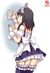 Rule 34 | 1girl, alternate costume, anger vein, apron, artist logo, ass, black hair, blue dress, blue thighhighs, breasts, commentary request, cowboy shot, dated, dress, enmaided, frilled apron, frilled dress, frilled shirt, frilled thighhighs, frills, from behind, garter straps, hair ornament, highres, kanon (kurogane knights), kantai collection, large breasts, maid, maid headdress, rag, red eyes, shirt, simple background, solo, thighhighs, white apron, white background, wiping, yamashiro (kancolle)