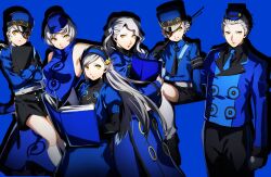 Rule 34 | 1boy, 5girls, bare shoulders, black gloves, black pants, black shirt, black shorts, blue background, blue dress, blue gloves, blue hairband, blue headwear, blue jacket, blue necktie, bob cut, book, braid, breasts, brother and sister, buttons, caroline (persona 5), closed mouth, commentary request, double bun, dress, elbow gloves, elizabeth (persona), gloves, grey hair, grin, hair bun, hairband, hat, highres, holding, holding book, jacket, juliet sleeves, justine (persona 5), lavenza (persona 5), lips, long hair, long sleeves, looking at viewer, margaret (persona), medium breasts, medium hair, military hat, multiple girls, nakano maru, necktie, pants, persona, persona 3, persona 3 portable, persona 4, persona 5, pink lips, puffy sleeves, shirt, short hair, shorts, siblings, simple background, sisters, sleeveless, sleeveless dress, smile, swept bangs, theodore (persona), trait connection, twins, wavy mouth, yellow eyes