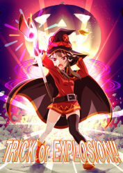 1girl bandaged_leg bandages belt black_belt black_cape black_thighhighs boots brown_hair cape commentary dress english_text fang frown full_body halloween hat highres holding holding_staff jack-o&#039;-lantern kono_subarashii_sekai_ni_shukufuku_wo! long_sleeves looking_at_viewer magic_circle megumin off-shoulder_dress off_shoulder open_mouth red_dress red_eyes red_footwear short_dress short_hair short_hair_with_long_locks sidelocks single_thighhigh solo staff standing thighhighs trick_or_treat v witch_hat zummy