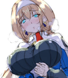 Rule 34 | 1girl, blonde hair, blush, breasts, breath, capelet, earrings, hairband, highres, jewelry, large breasts, looking at viewer, looking down, low twintails, mitsuba greyvalley, parted lips, portrait, sketch, solo, super robot wars, super robot wars 30, twintails, white background, white capelet, white hairband, wochi