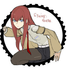 Rule 34 | 1girl, blue eyes, brown hair, copyright name, flat chest, fourth wall, jacket, long hair, looking at viewer, makise kurisu, necktie, out of frame, pantyhose, pantyhose under shorts, red necktie, shorts, simple background, solo, steins;gate, tetsu (kimuchi), white background