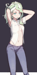 Rule 34 | 10s, armpit peek, arms up, blue eyes, closed mouth, cropped, denim, detexted, diana cavendish, expressionless, green hair, hairband, highres, jeans, little witch academia, looking at viewer, mouth hold, navel, no pupils, open clothes, open shirt, pants, qiongsheng, shirt, short sleeves, solo, third-party edit, tying hair