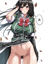 Rule 34 | 1girl, akasaka4005, black gloves, black hair, blush, bow, bowtie, breasts, brown eyes, chikuma (kancolle), chikuma kai ni (kancolle), clothes lift, commission, elbow gloves, female pubic hair, gloves, gluteal fold, highres, kantai collection, large breasts, long hair, looking at viewer, navel, no panties, pelvic curtain, pelvic curtain lift, pixiv commission, pubic hair, puffy short sleeves, puffy sleeves, red bow, red bowtie, short sleeves, single elbow glove, single glove, solo, speech bubble, wind, wind lift