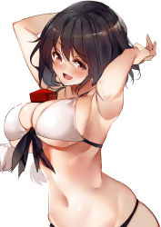 Rule 34 | 1girl, :d, armpits, arms up, bare arms, bare shoulders, bikini, black hair, blush, breasts, commentary request, front-tie bikini top, front-tie top, groin, hair between eyes, hat, unworn hat, unworn headwear, highres, ken (coffee michikusa), large breasts, looking at viewer, navel, open mouth, pom pom (clothes), red eyes, shameimaru aya, short hair, simple background, smile, solo, stomach, swimsuit, tokin hat, touhou, upper body, white background, white bikini
