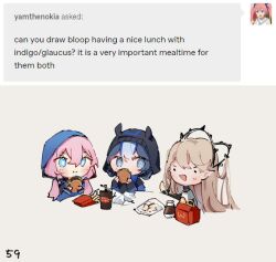 Rule 34 | 3girls, arknights, beanie, black headwear, blue eyes, blue hair, blue jacket, blue poison (arknights), blush, brown hair, burger, chibi, closed mouth, commentary, cropped torso, cup, eating, food, french fries, glaucus (arknights), grey background, hair between eyes, hat, holding, holding food, hood, hood up, hooded jacket, indigo (arknights), jacket, light blue hair, long hair, long sleeves, low twintails, multiple girls, open mouth, pink hair, pointy ears, ruri (dailybloopy), short hair, sidelocks, simple background, twintails, upper body, wcdonald&#039;s