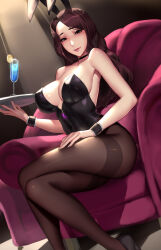 Rule 34 | 1girl, absurdres, armchair, bare shoulders, black choker, black footwear, black leotard, breasts, brown eyes, brown hair, brown pantyhose, chair, choker, cian yo, cleavage, cocktail glass, commentary, covered navel, crossed legs, cup, drinking glass, english commentary, hand on own leg, highres, holding, holding tray, indoors, large breasts, leotard, long hair, looking at viewer, on chair, original, pantyhose, parted lips, playboy bunny, sitting, solo, strapless, strapless leotard, thighband pantyhose, tray, wrist cuffs