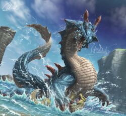 blue_scales blue_sky claws commentary_request dragon highres horns lagiacrus monster monster_focus monster_hunter_(series) no_humans open_mouth red_eyes satoyuki scales sea_monster sharp_teeth sky teeth water