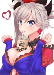 Rule 34 | 1girl, asymmetrical hair, blue eyes, blue kimono, blush, breasts, bubble tea, bubble tea challenge, cup, disposable cup, drink, drinking, drinking straw, earrings, fate/grand order, fate (series), hair ornament, heart, highres, japanese clothes, jewelry, kimono, large breasts, long hair, looking at viewer, magatama, meme, miyamoto musashi (fate), miyamoto musashi (third ascension) (fate), object on breast, pink hair, ponytail, ryouya, simple background, sleeveless, sleeveless kimono, solo, unsheathed, upper body, white background