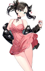 1girl asymmetrical_bangs black_choker black_hair black_jacket breasts choker cleavage closed_mouth creatures_(company) dress floating_hair game_freak green_eyes hair_ribbon hand_on_own_hip highres holding holding_poke_ball jacket looking_at_viewer marnie_(pokemon) medium_breasts nintendo no_earrings pink_dress pink_ribbon poke_ball poke_ball_(basic) pokemon pokemon_swsh revision ribbon ririko_(zhuoyandesailaer) simple_background sleeveless sleeveless_dress solo standing thighs twintails undercut white_background