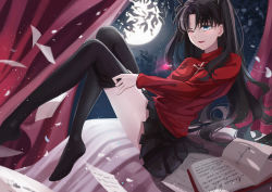 Rule 34 | 1girl, adjusting clothes, adjusting legwear, black hair, black skirt, black thighhighs, blue eyes, book, fate/stay night, fate (series), full moon, jewelry, long legs, moon, one eye closed, pendant, skirt, solo, soramimi (sea7sky7), thighhighs, tohsaka rin, turtleneck, twintails, two side up