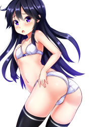 Rule 34 | 10s, 1girl, ahoge, ass, black hair, black thighhighs, blush, bow, bow bra, bra, breasts, cowboy shot, crotch seam, ebi 193, from behind, kantai collection, long hair, looking at viewer, looking back, navel, open mouth, panties, purple eyes, small breasts, solo, tears, thighhighs, twisted torso, underwear, underwear only, ushio (kancolle), white bra, white panties