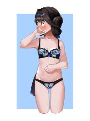 Rule 34 | 1girl, absurdres, animal print, black bra, black hair, black panties, blue background, blue hairband, blush, bow, bow bra, bra, breasts, brown eyes, butterfly hair ornament, butterfly print, commentary, cowboy shot, cropped legs, embroidered bra, embroidered panties, girls&#039; frontline, hair ornament, hairband, hand to own mouth, highres, lace, lace-trimmed bra, lace trim, long hair, looking to the side, lowleg, lowleg panties, o o (ywsm2327), panties, qbu-88 (girls&#039; frontline), small breasts, solo, standing, underwear, underwear only, very long hair
