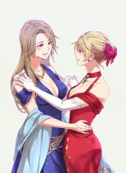 Rule 34 | 2girls, blonde hair, blue dress, blue nails, breasts, brown hair, choker, cleavage, closed mouth, collarbone, cowboy shot, dancing, dress, earrings, elbow gloves, evening gown, eye contact, gem, gloves, granblue fantasy, grey background, grin, hand on another&#039;s shoulder, hand on hand, jewelry, katalina (granblue fantasy), long hair, looking at another, medium breasts, miso-ha (ukyuu), multiple girls, nail polish, necklace, red choker, red dress, red eyes, red gemstone, sash, short hair, simple background, smile, standing, straight hair, vira (granblue fantasy), white gloves, yuri