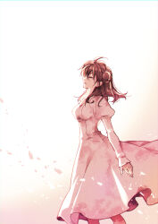 Rule 34 | 1girl, brown hair, closed eyes, dress, from side, hair bun, highres, juliet sleeves, kamikaze kaitou jeanne, kusakabe maron, long sleeves, official art, pale color, petals, profile, puffy long sleeves, puffy sleeves, short hair, simple background, sleeves past wrists, solo, tanemura arina, walking, white dress, wind