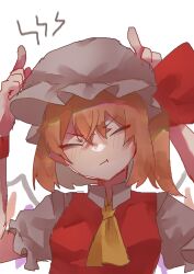 Rule 34 | 1girl, absurdres, ascot, blonde hair, closed eyes, dress, flandre scarlet, frills, hand up, hat, highres, horns pose, medium hair, mob cap, pout, red dress, rokka (rokka937), simple background, solo, touhou, upper body, white background, yellow ascot