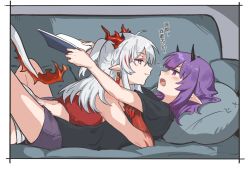 Rule 34 | 2girls, arknights, bandeau, bare shoulders, black shirt, blouse, book, commentary request, couch, eye contact, fang, half-closed eyes, highres, holding, holding book, horns, indoors, lava (arknights), long hair, looking at another, lying, mabing, multicolored hair, multiple girls, nian (arknights), on back, on side, on stomach, open mouth, pointy ears, profile, purple eyes, purple hair, purple shorts, red hair, shirt, short shorts, short sleeves, shorts, smile, strapless, streaked hair, tube top, white hair, yuri