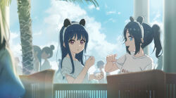 Rule 34 | 2boys, 3others, 4girls, :d, animal ear hairband, animal ears, black hair, blue eyes, blue hair, blue sky, blurry, blurry background, breasts, chair, clothes writing, cloud, cumulonimbus cloud, cup, day, depth of field, fake animal ears, food, hairband, hibike! euphonium, highres, holding, holding cup, holding spoon, kasaki nozomi, lens flare, light particles, long hair, looking at viewer, multiple boys, multiple girls, multiple others, open mouth, outdoors, palm tree, people, ponytail, profile, purple eyes, railing, raku rakugaki, shaved ice, shirt, sidelocks, sitting, sky, small breasts, smile, spoon, teeth, tree, upper body, upper teeth only, white hairband, white shirt, yoroizuka mizore