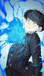 Rule 34 | 1boy, 1didi11di, absurdres, arms at sides, black hair, bleeding, blood, blue eyes, blue flower, blue theme, bowl cut, crying, floating hair, flower, from side, gakuran, grey background, highres, kageyama shigeo, lily (flower), lily of the valley, liquid, long sleeves, looking ahead, male focus, mob psycho 100, sad, school uniform, short hair, solo, sunflower, tulip, upper body
