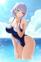 Rule 34 | 1girl, black one-piece swimsuit, breasts, cleavage, cloud, covered navel, cowboy shot, finger to mouth, girls&#039; frontline, grey hair, grin, hand on own leg, hand on own thigh, highleg, highleg swimsuit, highres, large breasts, lens flare, looking at viewer, one-piece swimsuit, parted lips, purple eyes, rpk-16 (girls&#039; frontline), short hair, shushing, sky, smile, solo, sun, swimsuit, water, yan kodiac